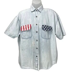 VTG Capacity Men's Large Boxy USA Denim Short Sleeve Patriotic Flag Pocket Shirt